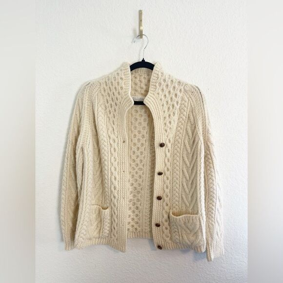 Vintage Made in Ireland cable-knit cardigan merino wool Fisherman aesthetic - Picture 1 of 6